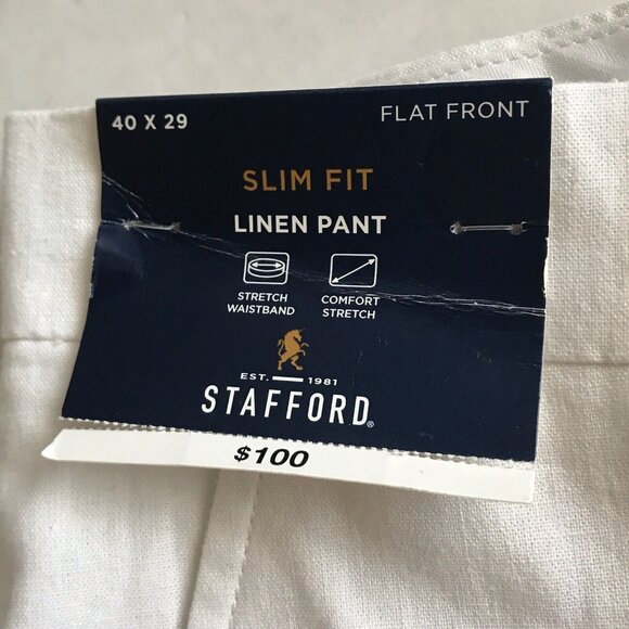 Men's Stafford Linen Slim Fit Flat Front Suit Pants - White-‎ 40x29 - NWT - Picture 6 of 6
